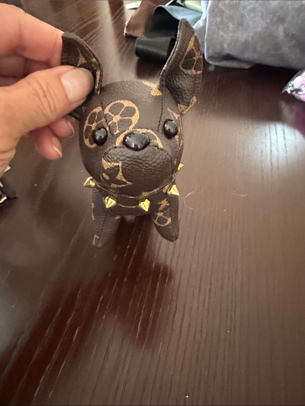 Monogram Pattern Leather Bulldog Charm with Gold Stud Collar